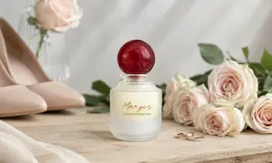 Eleganckie perfumy "Merger" z kolekcji Galaxy, otoczone delikatnymi różami i ślubnymi obrączkami, tworzą romantyczną kompozycję.