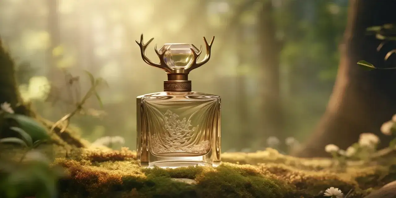 Elegancka butelka perfum z motywem poroża, stojąca na mchu. Czy to zapach piżmo, co to za nuta?